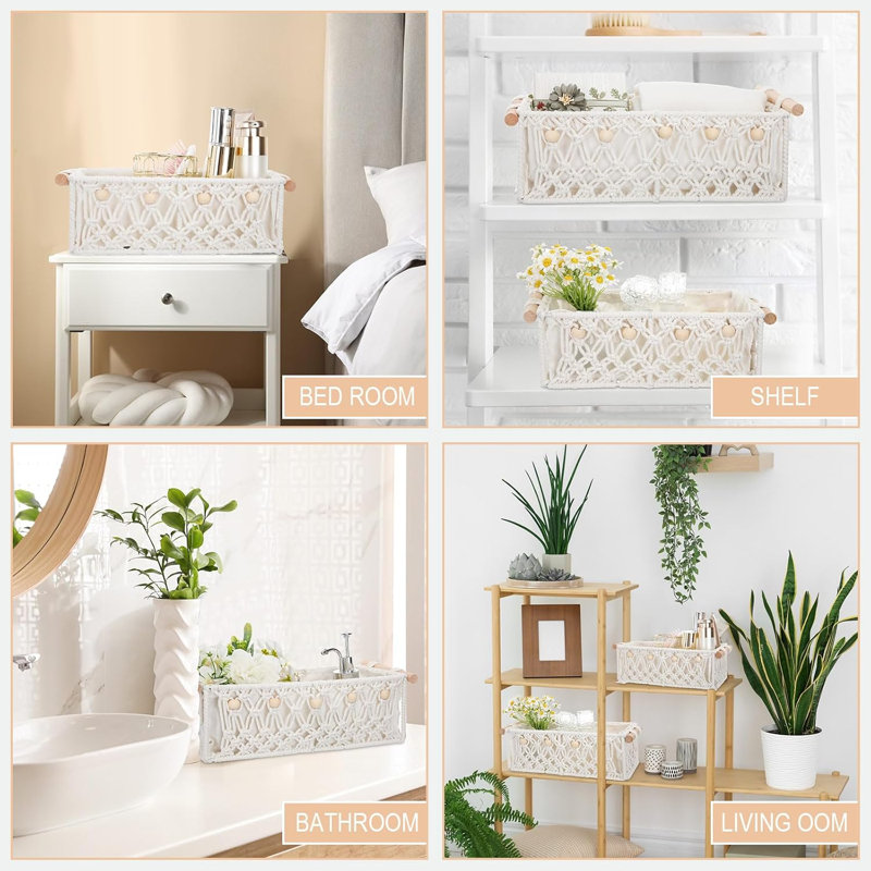 4 paniers de rangement en macramé blanc avec poignée en bois 4 pièces