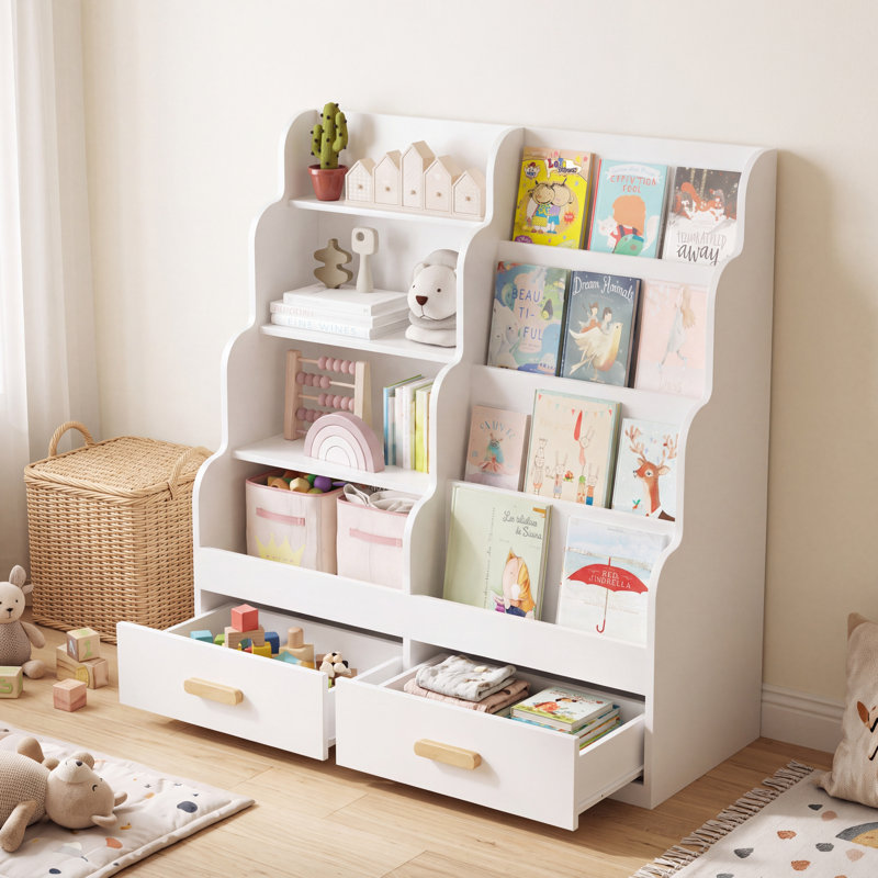 Étagère pour enfants avec rangement pour jouets et livres, bibliothèque frontale pour tout-petits avec 2 tiroirs, blanche
