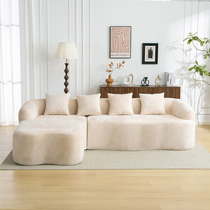 Canapé modulaire en L à compression complète avec méridienne courbée, Chenille beige