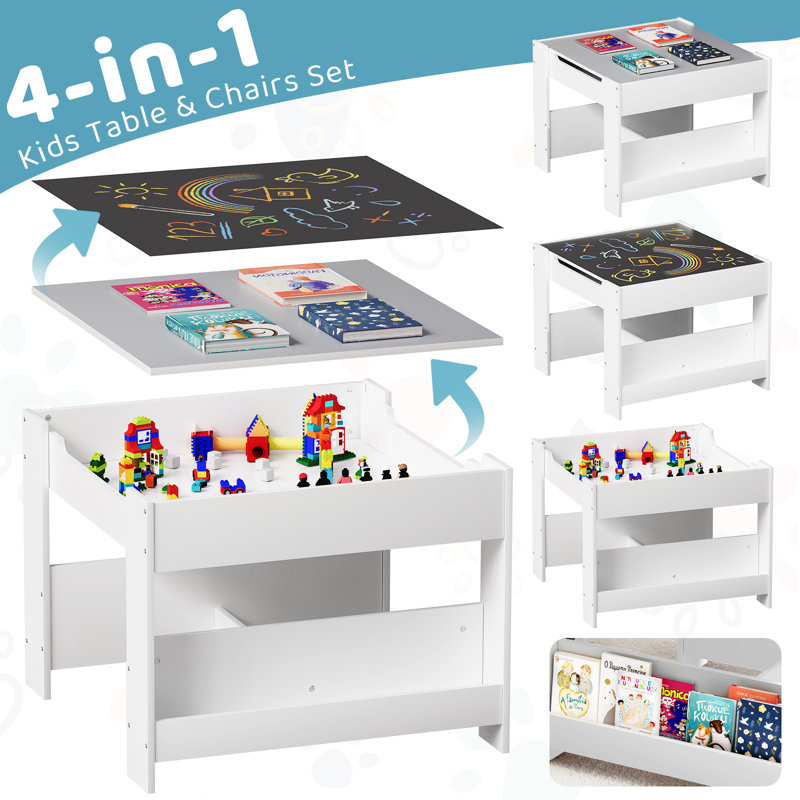 Kids Table And Chairs Set, 4 In 1 Toddler Art Desk With Storage Drawer, Wooden Activity Deskboard, Blackboard, Reversible & Detachable Tabletop, Bookshelf For Drawing, Playing, Learning(gray)