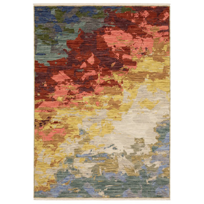 Japhenia Abstract Machine Woven Wool/Nylon Area Rug in Red/Beige/Gold