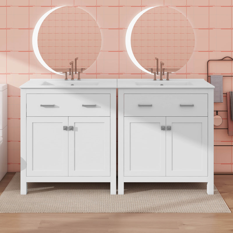 Ensemble de meuble-lavabo double 60 po avec lavabo double 60 po, tablette réglable et portes à fermeture en douceur, White