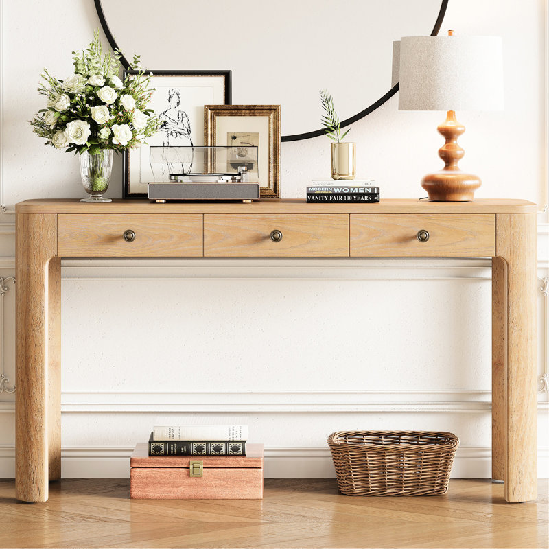 Console rustique en chêne avec 3 tiroirs, coins courbés, plateau de table de 150 lb, salon et couloir idéal