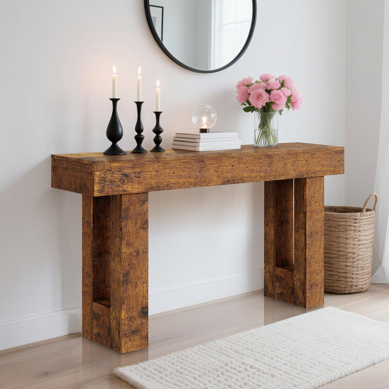 Console 63 po, canapé long derrière le canapé, table d'entrée en bois, Brun