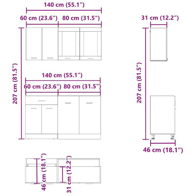 Lyon Kitchen Cabinet Set Lyon, artisian oak