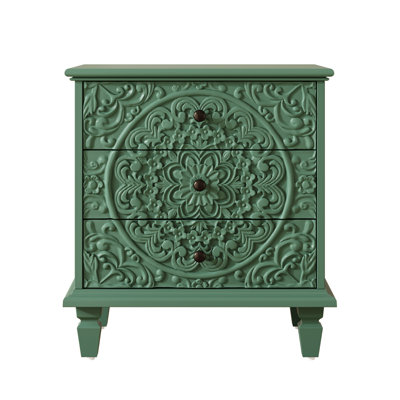 Table de chevet verte rétro sculptée, armoire de ferme en bois aggloméré en bois massif avec 3 tiroirs de rangement, volutes en relief, poignées rétro pour le salon de la chambre à coucher