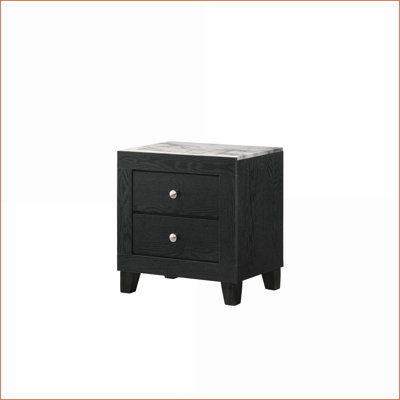 Modern 2-Drawer Bedroom Nightstand with Faux Marble Top, Black Finish