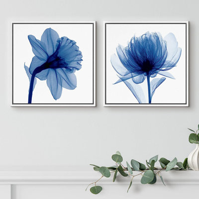 Minimal Botanical " X-Ray Blue Water Lily Closeups Floral Plants " 2 - Pieces