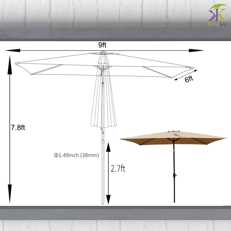 9 x 6 pi Parasol de patio rectangulaire Parasol de table pour le marché extérieur, Brun