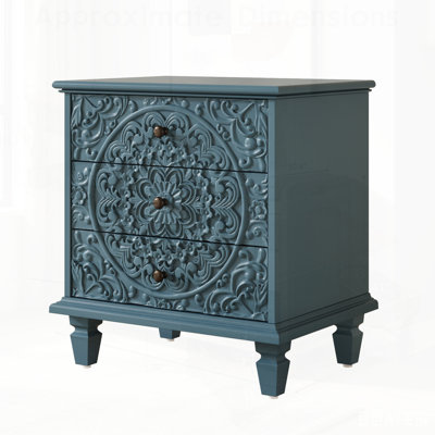 Table de chevet en bois sculpté à 3 tiroirs, commode décorative en relief à volutes rétro, rangement pour chambre à coucher et salon