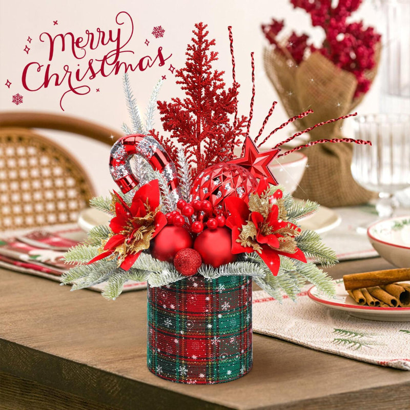 Décoration de Noël pour arbre de Noël avec mini décorations de sapin de table artificielles avec ornements des fêtes, pomme de pin et baies pour la maison