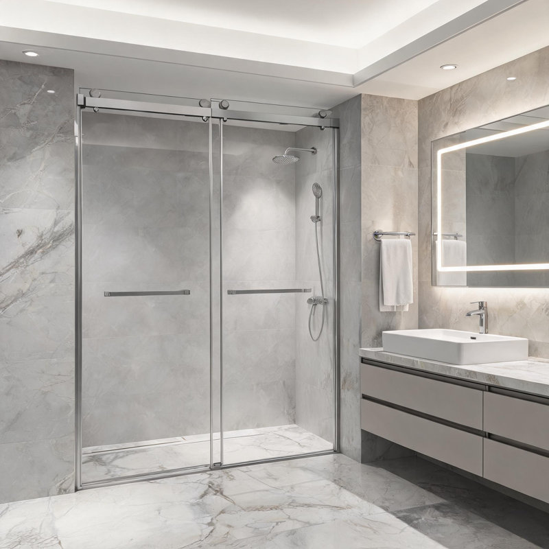 Porte de douche coulissante double sans cadre, finition nickel brossé, 152 cm x 200 cm, verre trempé de 9,5 mm et quincaillerie en acier inoxydable.