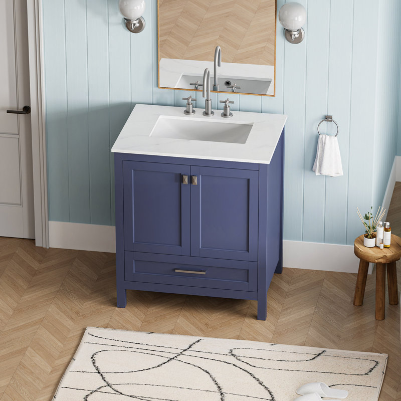 Meuble-lavabo autoportant de 30 po avec lavabo, comptoir en marbre d'ingénierie de Carrare avec lavabo rectangulaire encastré en céramique, grande porte de rangement à fermeture en douceur, structure en bois massif