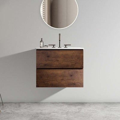 Meuble-lavabo mural moderne sans drain avec lavabo en céramique avec 3 trous de robinet sans drain