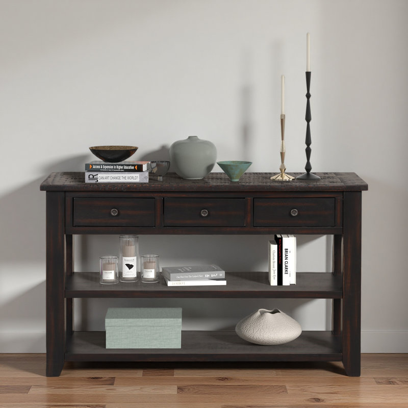 Console en bois de pin massif 48 po, table d'appoint moderne avec 3 tiroirs de rangement et 2 tablettes. Facile à assembler
