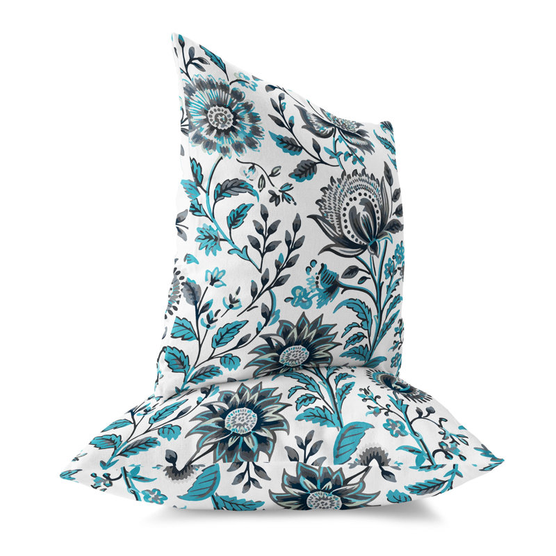 Turquoise and Gray Floral Faux Suede 16" Square Pillow