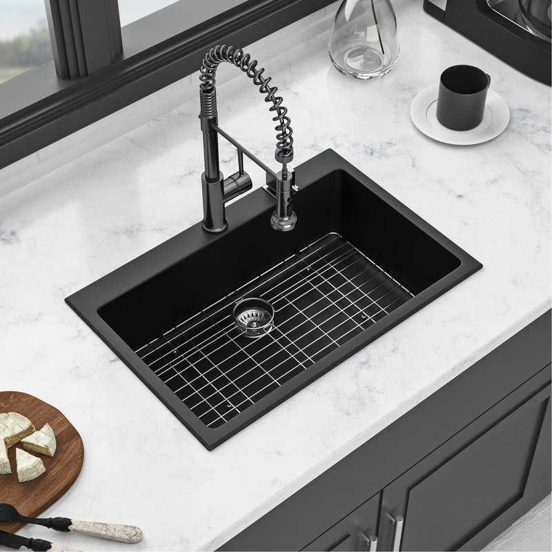 Évier de cuisine en quartz 33 po x 22 po, aspect granit noir, surface composite, solide et hygiénique