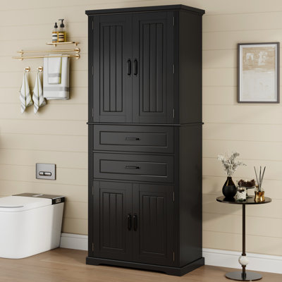 Black Storage Cabinet With 2 Drawers, 6 Behind - Door Shelves, And Metal Handles For Bedroom Organization Classic Style 4 Doors, Five Interior Shelves Bathroom Dining Room