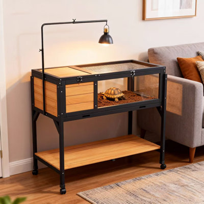 Cage à tortues mobile surélevée avec support de lampe, cage à reptile avec plateau étanche et tablette de rangement inférieure, jaune