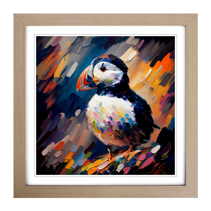 Puffin Palette Knife - Single Picture Frame Print on Wood, Oak