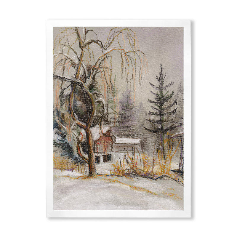 Winter Village Landscape II - peinture, H 12 po x l 8 po x P 1 po, Cadre photo blanc