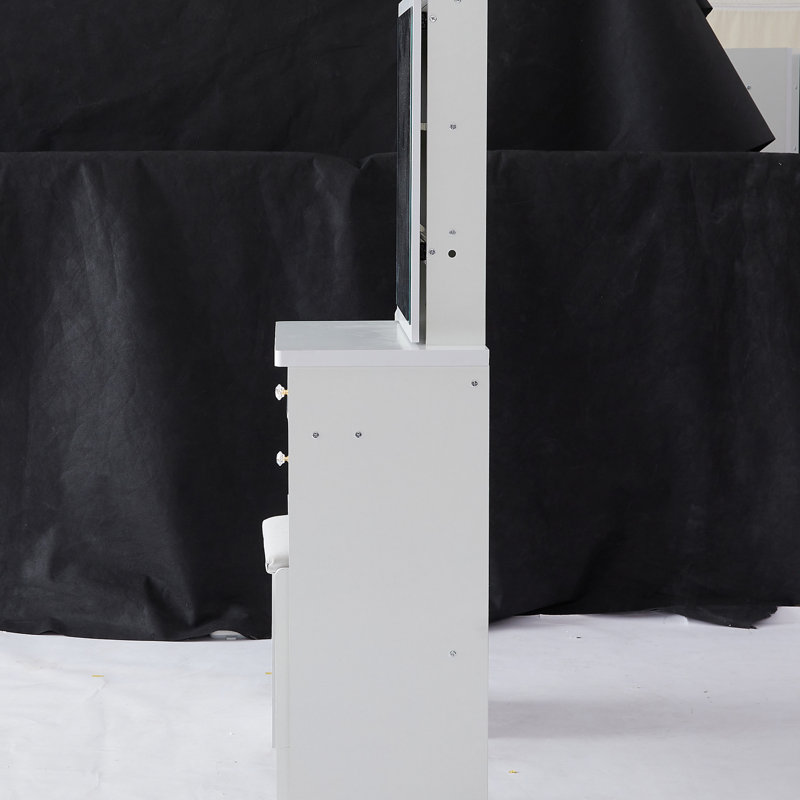 Left Bedside Cabinet Vanity Table For Tiny Spaces, With Padded Seat & Extra Large Mirror, Multi-layer Storage, White Dresser Small Areas Sized Cushioned Stool, Sliding High Capacity Compact Material