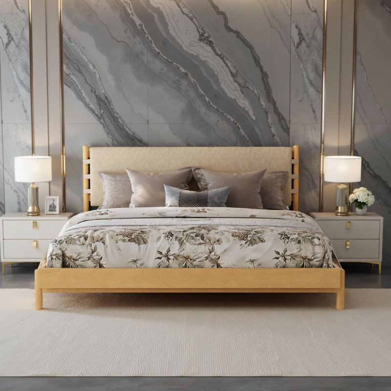 Mid Century Modern Bed Frame – Platform Bed with Headboard Included, Beige, King