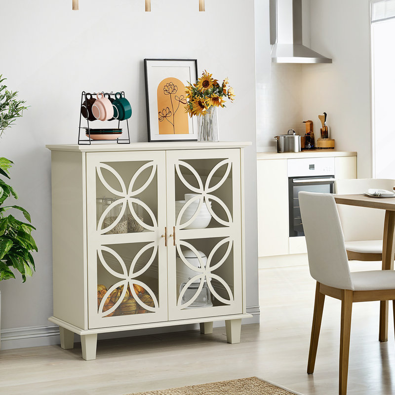 Buffet, armoire de salle de bain autoportante avec portes en verre trempé, console de cuisine rétro moderne, armoire de rangement décorative à 2 portes, couleur crème