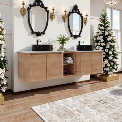 Meuble-lavabo mural 72 po avec lavabo en céramique et tablettes de rangement, armoire en contreplaqué à fermeture en douceur