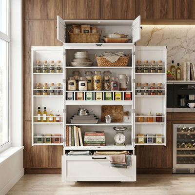 80cm W Compact Freestanding Kitchen Cabinet & Microwave Stand, Multi-Tier Larder Cupboard with Wine Rack & Door Storage, White Wood