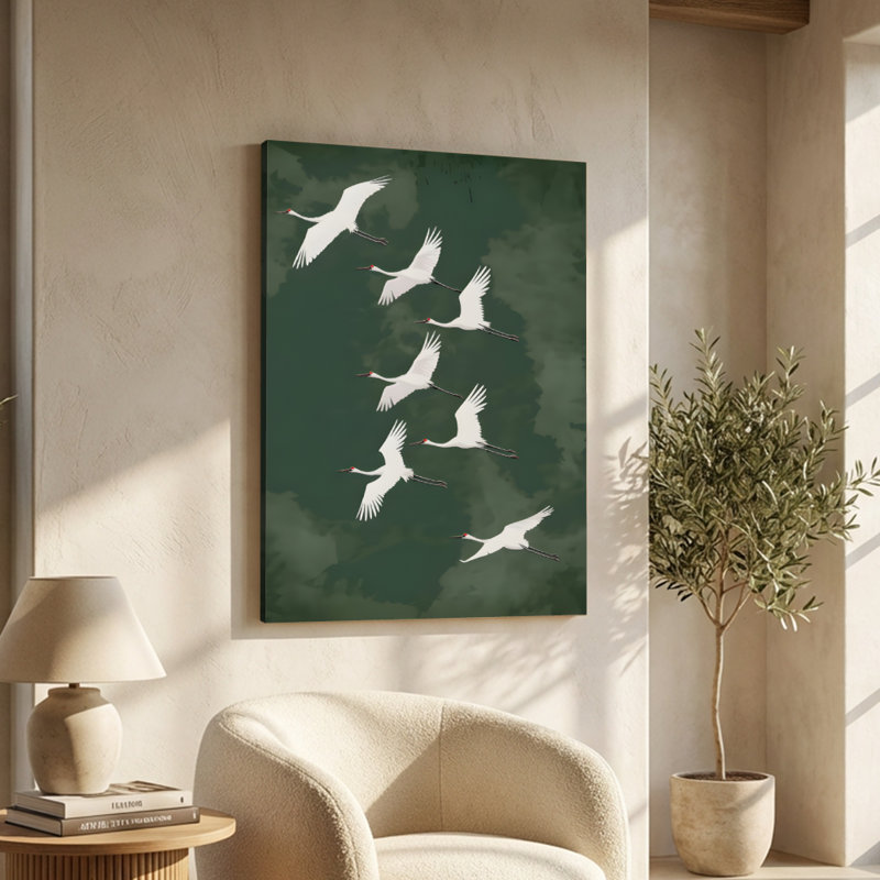 Grues blanches en vol au-dessus d'une toile de fond verte, art numérique éthéré. Peinture moderne, galerie profonde de 1 po, 24 po x 36 po