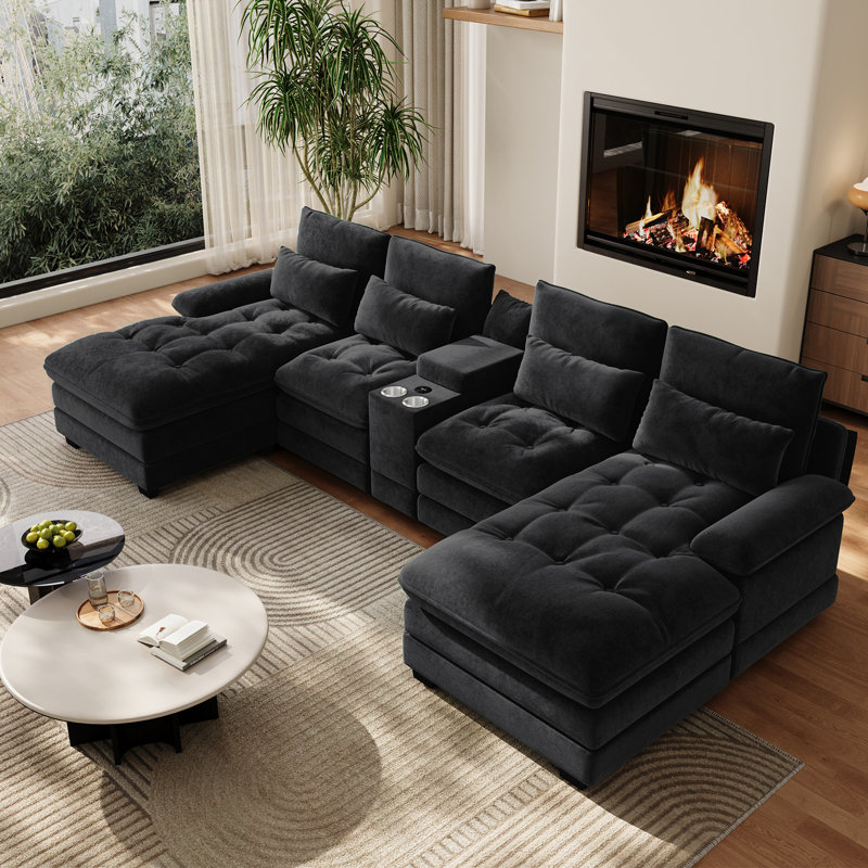 Oversized 130"W 4 Piece U-Shape Sectional With Console & Cup Holders, Black