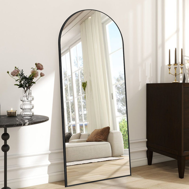 Miroir arqué pleine longueur avec support, miroir de corps entier en alliage d'aluminium, 65 po x 22 po, Noir