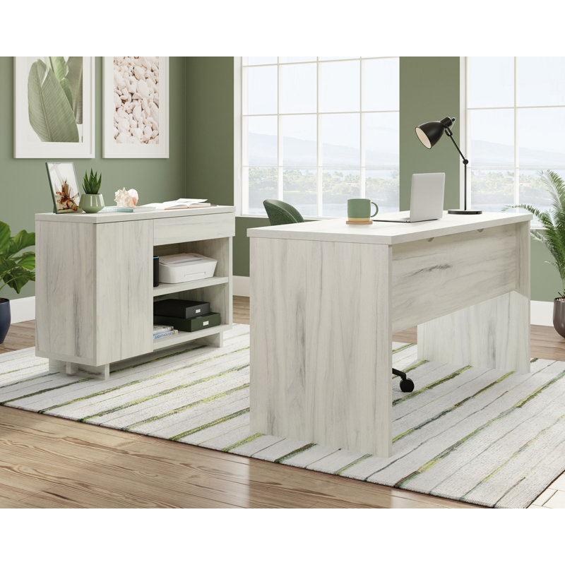 Brown Wood L-Shaped Corner Desk with Drawer and Filing Cabinet