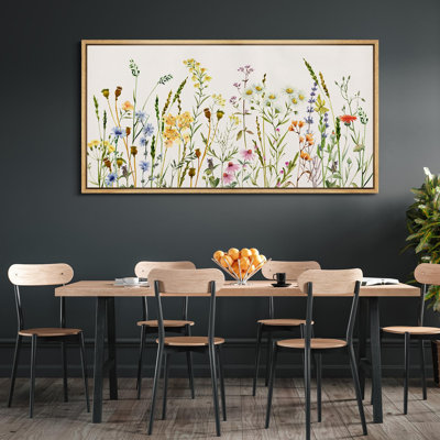 «Vibrant Wildflower Soft-Tone Wildflower Meadow Vintage Inspired Stripes», reproduction encadrée sur toile