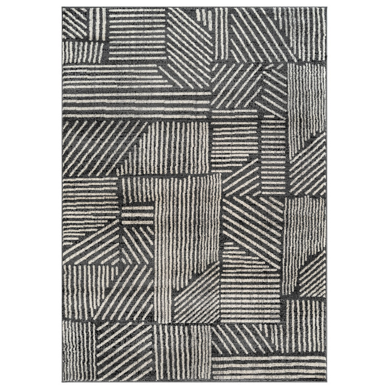 Rambo Geometric Black/Ivory Area Rug, Rectangle 7'10" x 10', Gray