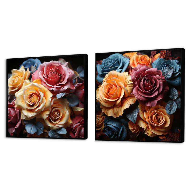 «Multicolor Roses Come Alive With Brushwork», ensemble de 2 collages floraux carrés, Cadre flottant noir, H 16 po x l 33 po