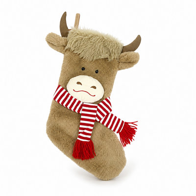 Chaussettes de Noël représentant une vache des Highlands portant une écharpe à rayures rouges