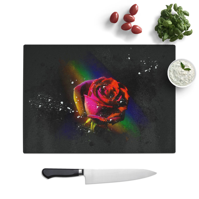 Tempered Glass Rainbow upon a Red Rose Chopping Board, 20 cm x 28.5 cm