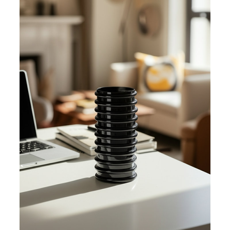Glass Vase Ribbed Cylindrical Glass with Modern Grooved Design and Contemporary Silhouette for Decorative Display., Black