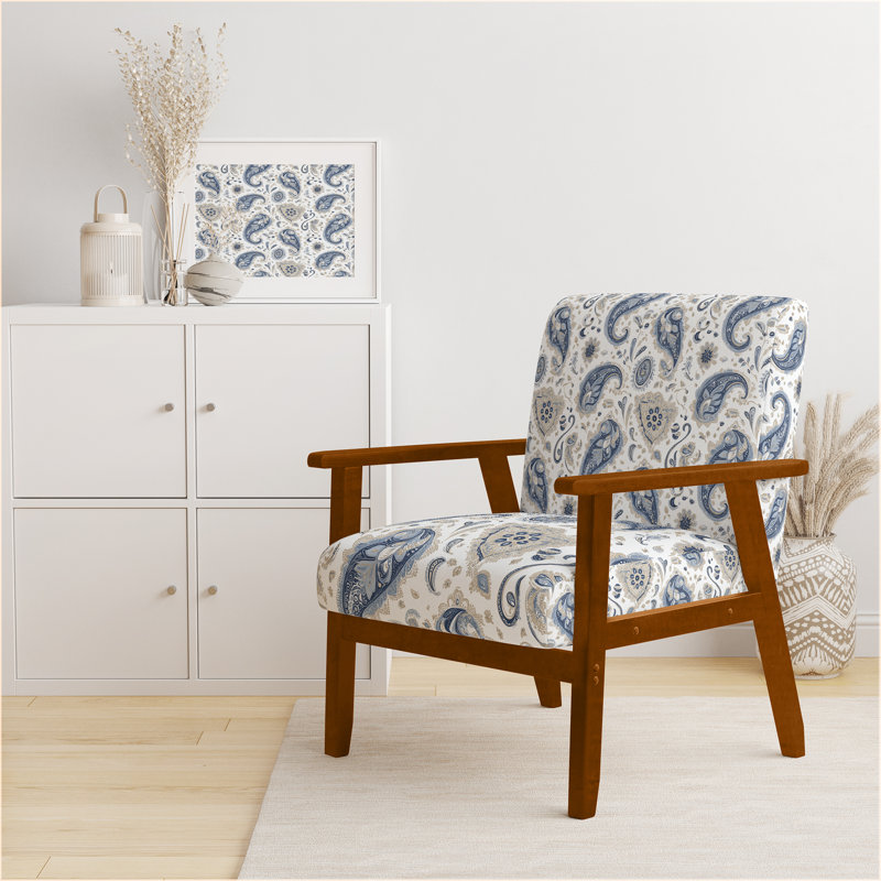 Fauteuil d'appoint French Country - fauteuil rétro bleu à motif cachemire rétro, Accoudoirs carrés bruns