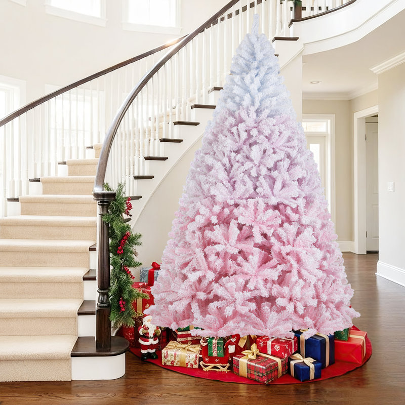 Arbre de Noël artificiel 8 pi avec branches 1774 et base en métal pliable blanc et rose, H 8 pi, Blanc / Rose