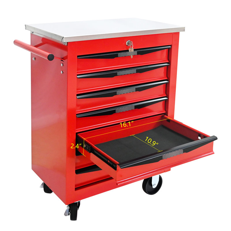 Rouge et noir, 7 tiroirs, chariot à outils à roulettes, roues, toit en acier inoxydable, garage, entrepôt, mécanisme de verrouillage universel, poignée à tirer d'un côté, glissières de tiroir à roulement multifonctionnelles, tiroir, réparation