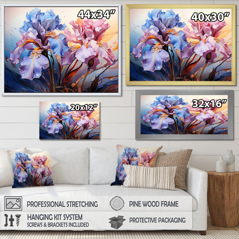 Iris Burst with Fierce Brushwork Dreamscape sur toile, Cadre flottant noir, 12" H x 20" W