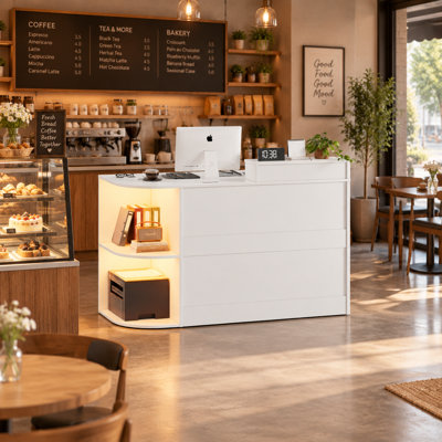 Bureau de réception avec rangement ouvert et lumières à DEL, comptoir avant moderne l 47,2 po avec support d'affichage double couche, tiroirs verrouillables, plateau à clavier pour salon de beauté, magasin de détail, bar