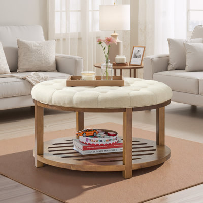 Grande table basse ronde avec repose-pieds capitonné en lin 31,9 pouces