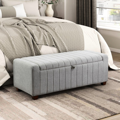 Comfortable Plywood Storage Bench With Soft Grey Boucle Upholstery And Hidden Area