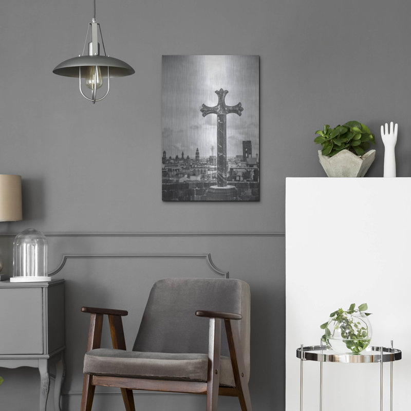 «Cathedral View Barcelona Bw» par Nathan Larson, art mural en métal, H 24 po x l 16 po