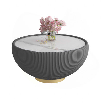 Modern Luxury Round Drum Coffee Side Table With Marble Top And Leather Frame For Living Room Office