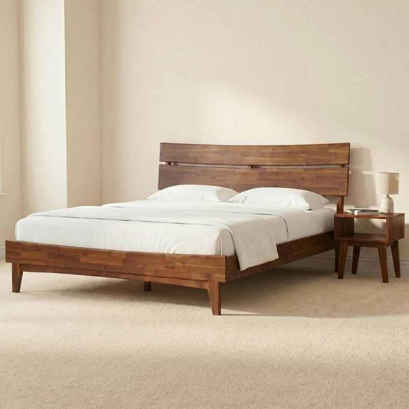 Ensemble de chambre à coucher pour lit très grand 2 pièces - Base de lit plateforme en bois massif d'acacia Aurora et table de chevet assortie, moderne Mid-Century, finition noyer, capacité de 800 lb, rangement, sans sommier, facile à assembler